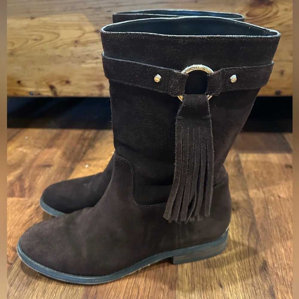 Michael Kors Rhea Brown Suede Mid Calf Boots Fringe Pull On Womens Size 7.5